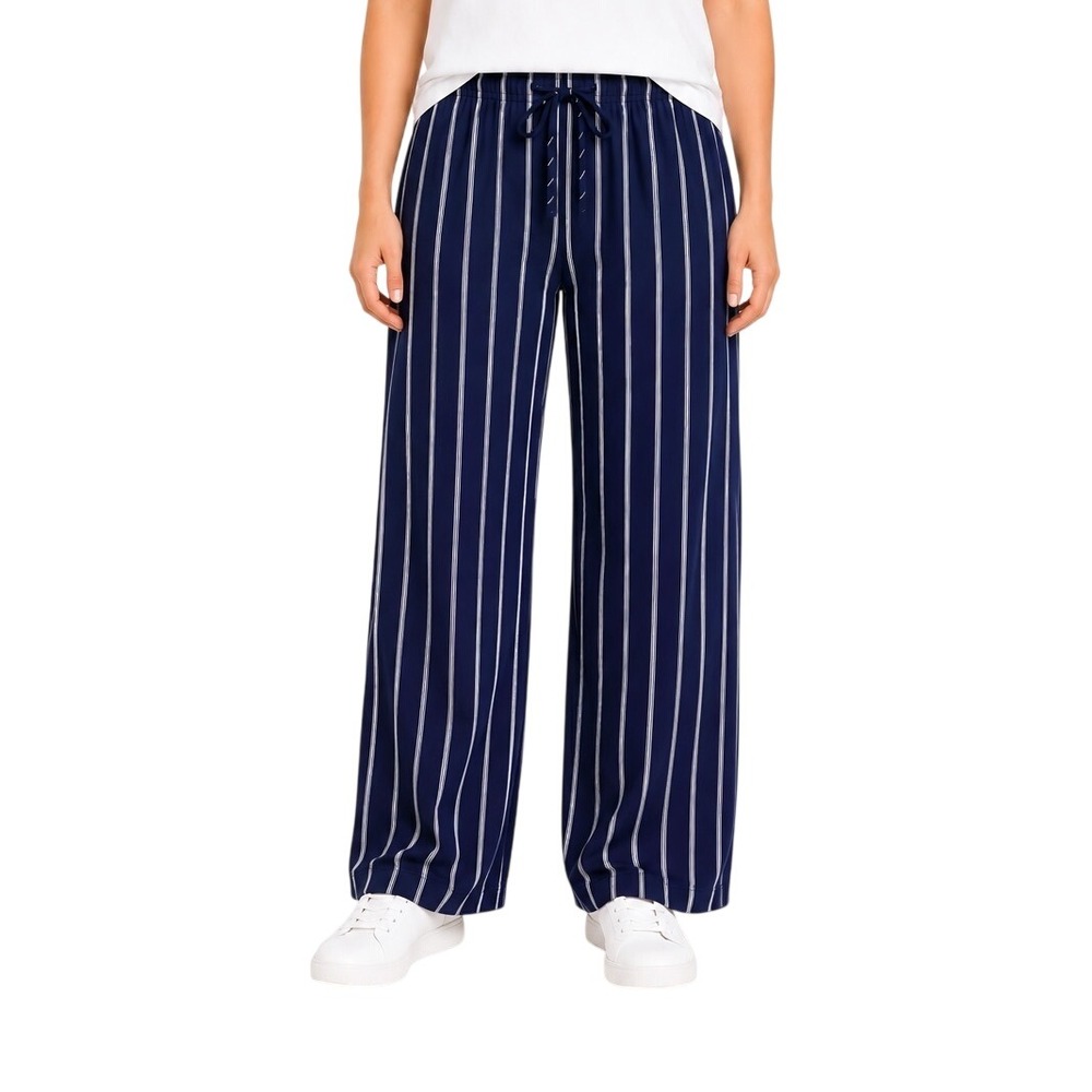 2 Hearts Striped Wide Leg Pants Womens Size Large Navy Blue White Flowy Boho